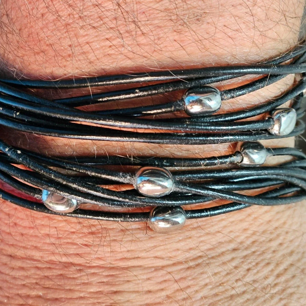 Skagen Leather Bracelet Set Black Braided Studded Chain Wrap 3pc